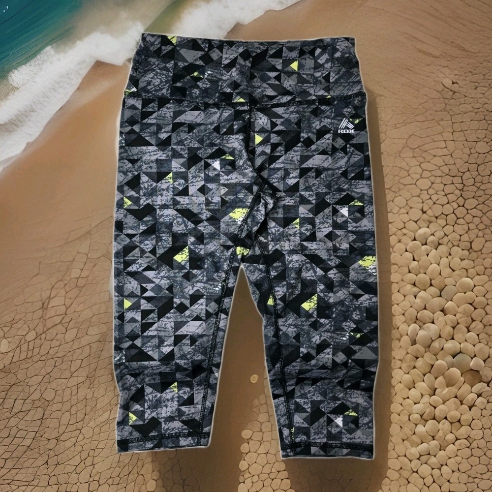 RBX Yoga Leggins Womens Black Geometric Abstract Pattern Short Capris SZ: SMALL